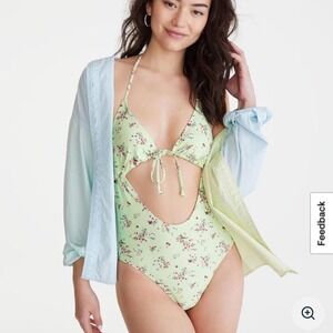 Aeropostale Floral Cutout One Piece Swimsuit Women XL Green Excellent Halter